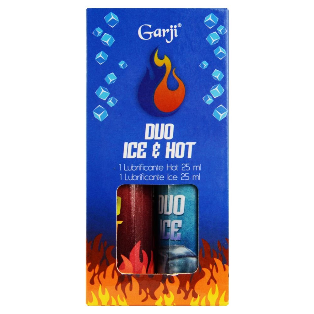 Caixa do Duo Lubrificante Ice e Hot da Garji Cosm�tico, em azul vibrante com chamas de gelo e fogo