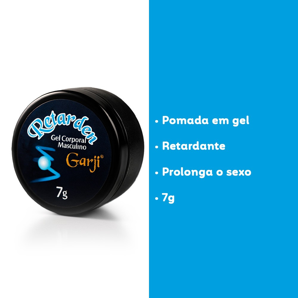 Gel Retardante Retarden 7g em embalagem discreta, com informa��es de 'Pomada em gel', 'Retardante', 'Prolonga o sexo' e '7g'