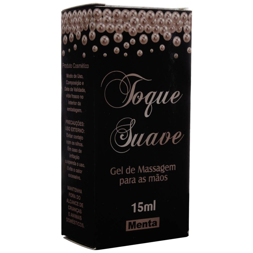 Lo��o para Masturba��o Toque Suave Menta 15ml - Vista lateral da caixa do produto, com informa��es de uso externo, precau��es e composi��o, em fundo preto e texto branco