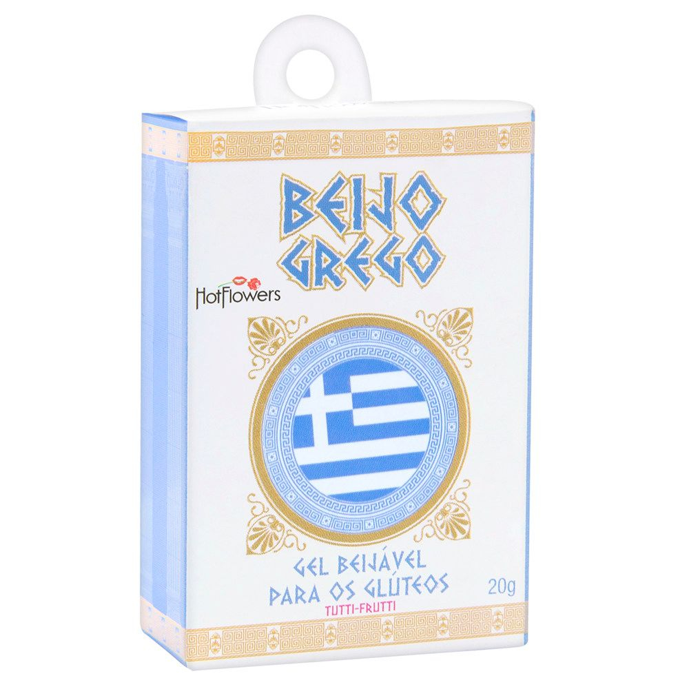 Caixa do Gel Beijo Grego Beij�vel Tutti-Frutti 20g, mostrando design com bandeira da Gr�cia e informa��es do produto.