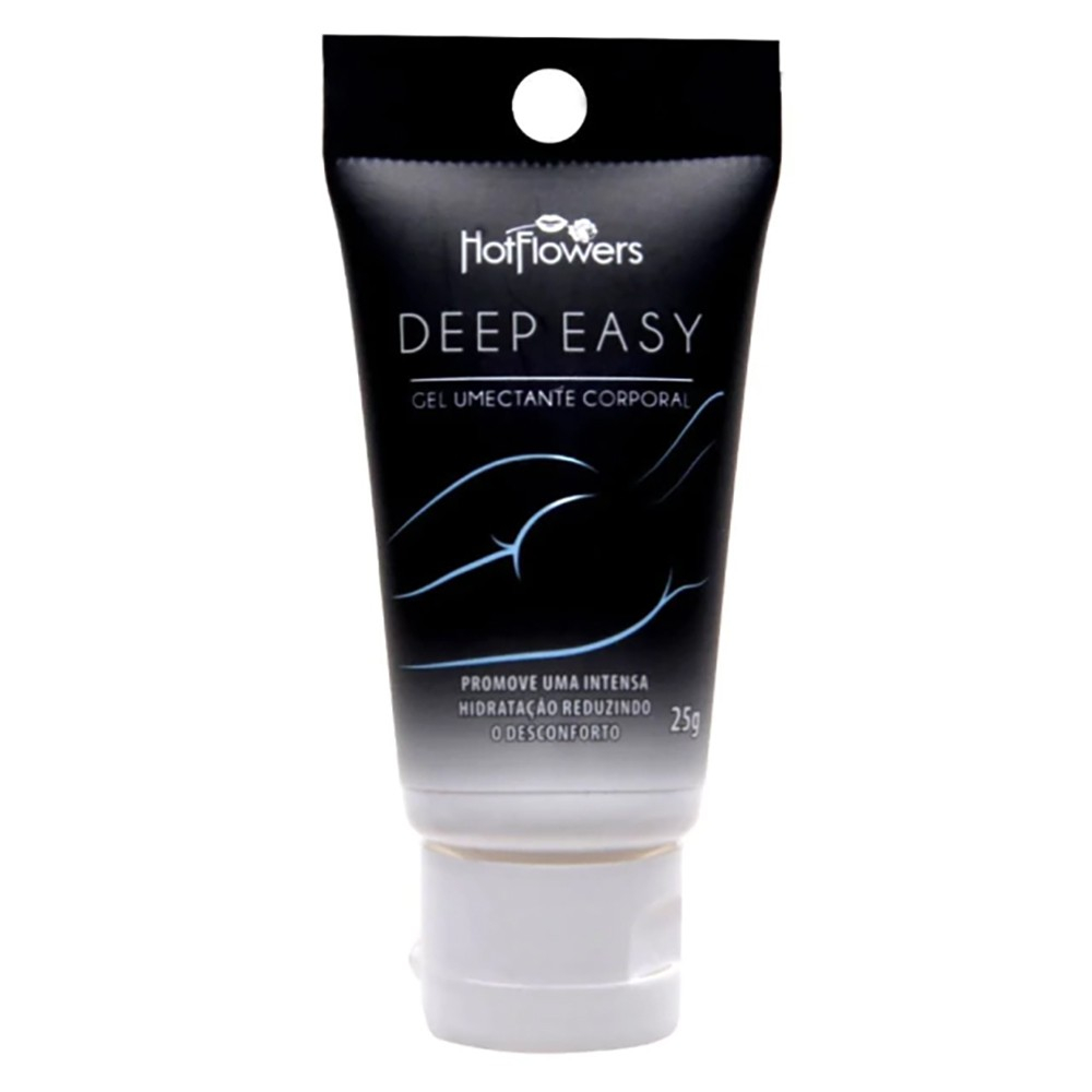 Embalagem do Gel para Sexo Anal Deep Easy 25g com tampa branca, mostrando a marca HotFlowers e a indica��o de uso