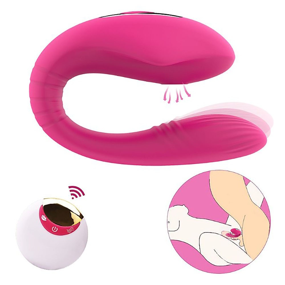 Vibrador para Casal em Silicone Recarreg�vel Rosa com controle remoto e diagrama de uso