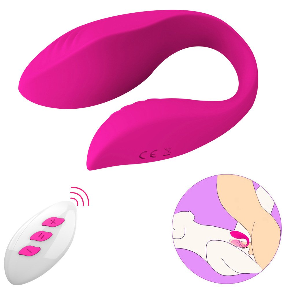Vibrador para Casal Recarreg�vel em Silicone com 12 Vibra��es e Controle sem Fio Ela Pink - Vista do vibrador com controle remoto e indica��o de uso
