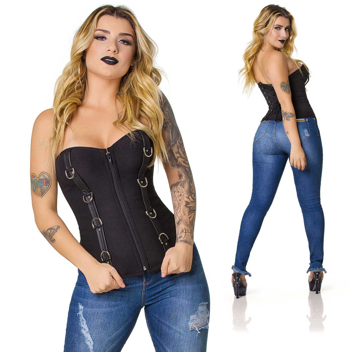 Conjunto de imagens do Corpete com Fivela Vertical Preto, vista frontal e traseira em uma composi��o