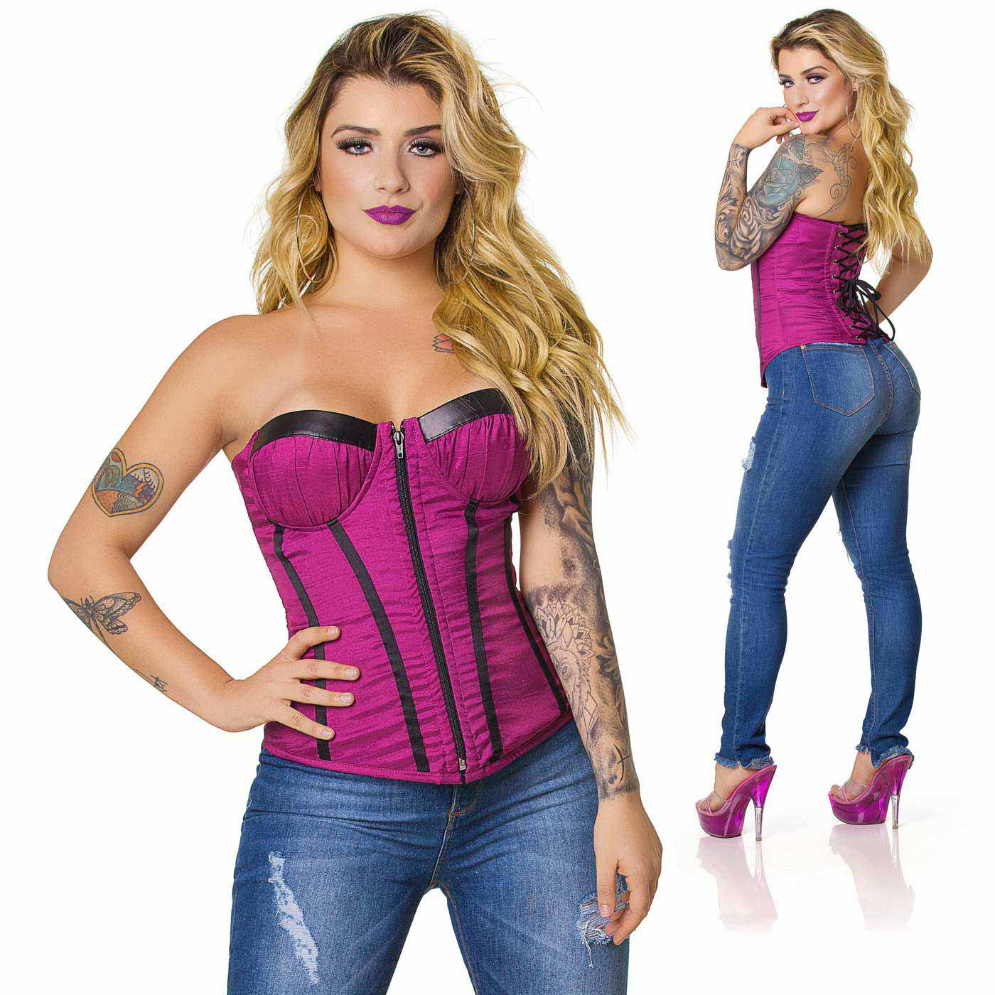 Corpete Fetiche Vinho em destaque frontal, com modelo mostrando o z�per e bojo estruturado