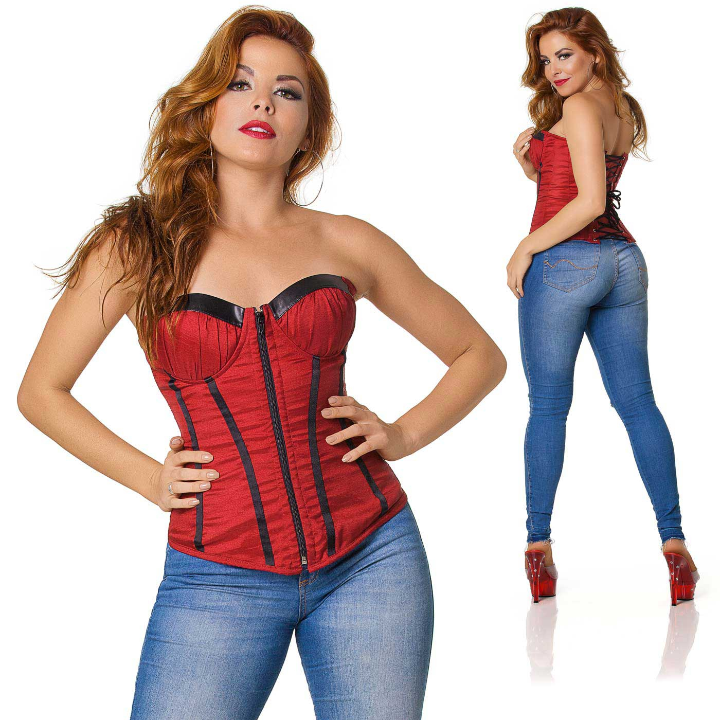 Mulher usando Corpete Fetiche Vermelho, destacando o z�per frontal