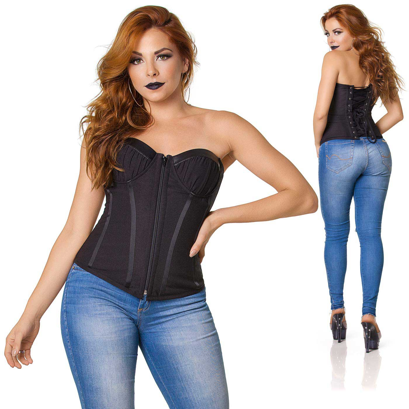 Corpete Fetiche Preto com modelo em cal�a jeans azul