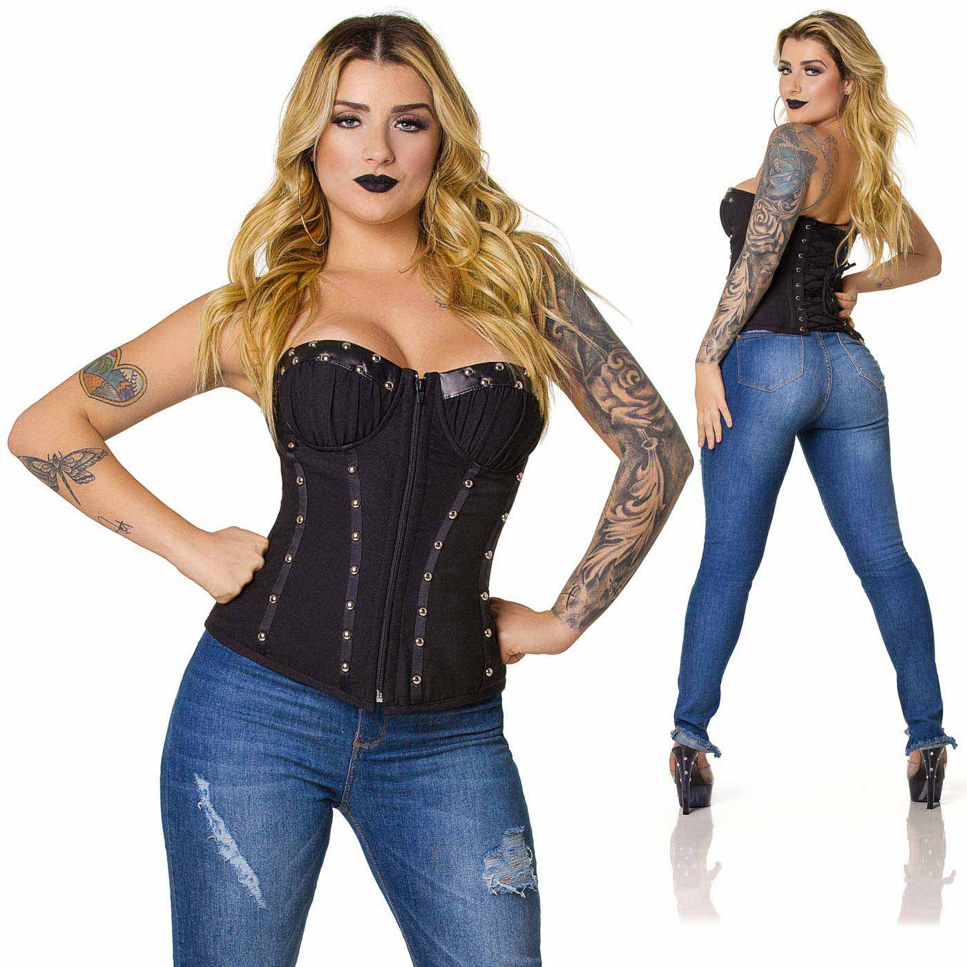 Conjunto de imagens do Corpete com Bolinhas de Metal Preto em corpo feminino, frente e verso