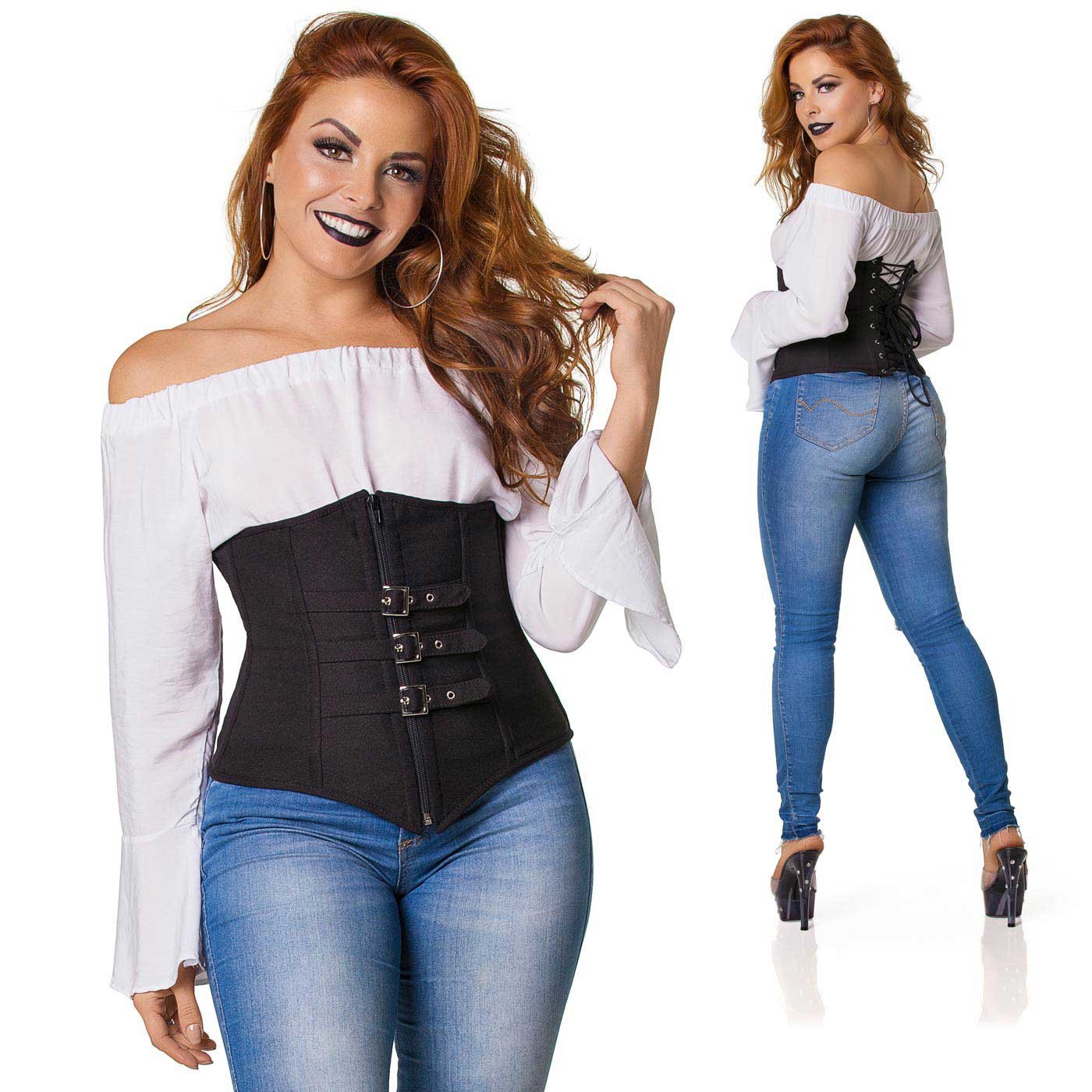 Corselet Fivela Preto com blusa branca e cal�a jeans, mostrando versatilidade