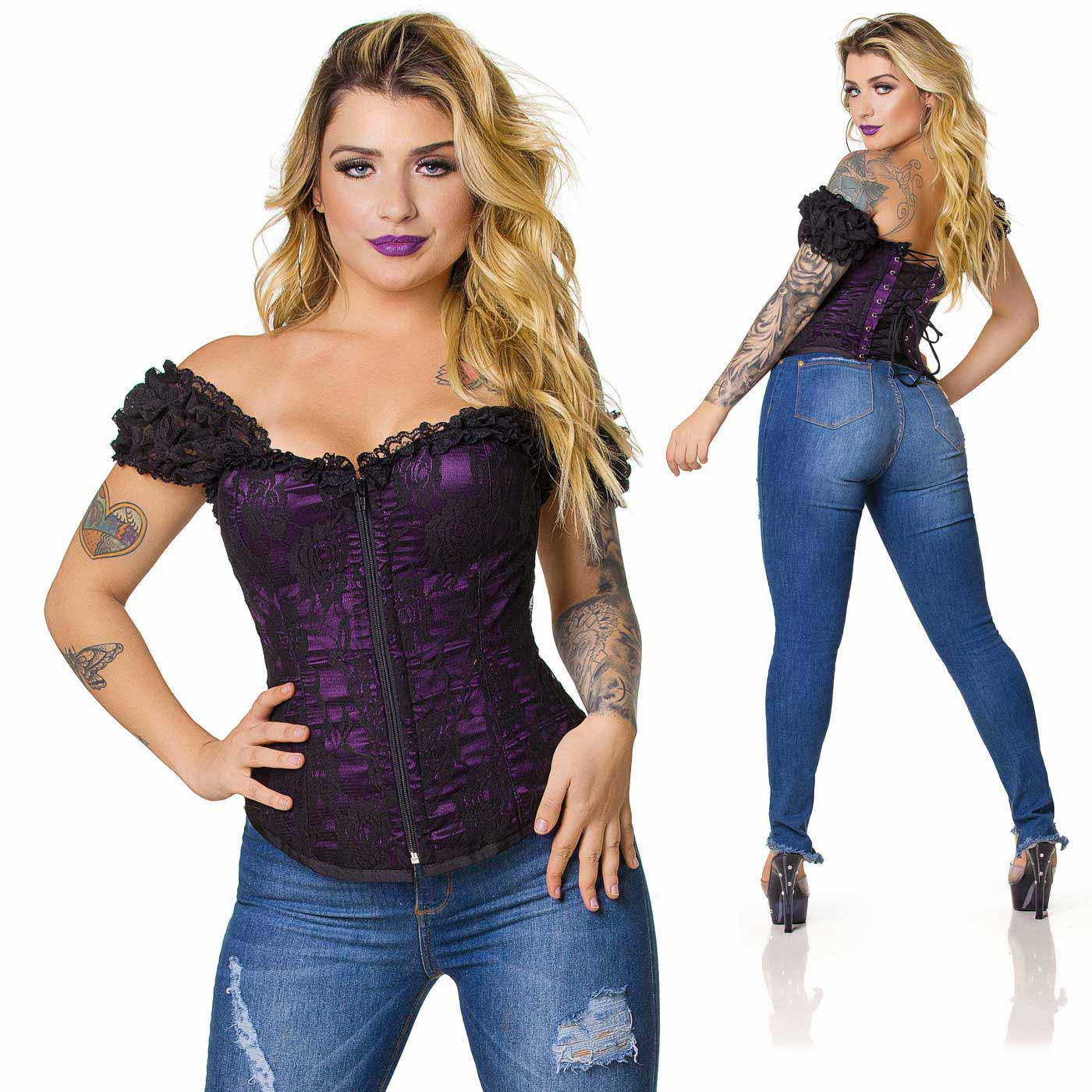 Corpete com Al�a Roxo | Close-up da modelo com o corpete e jeans