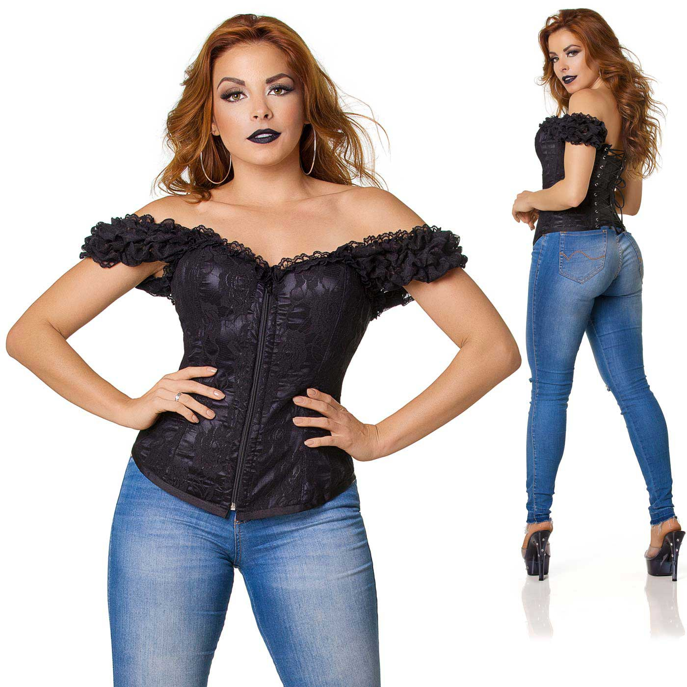 Corpete com Al�a Preto | Modelo combinando o corpete com jeans para um look moderno e sexy