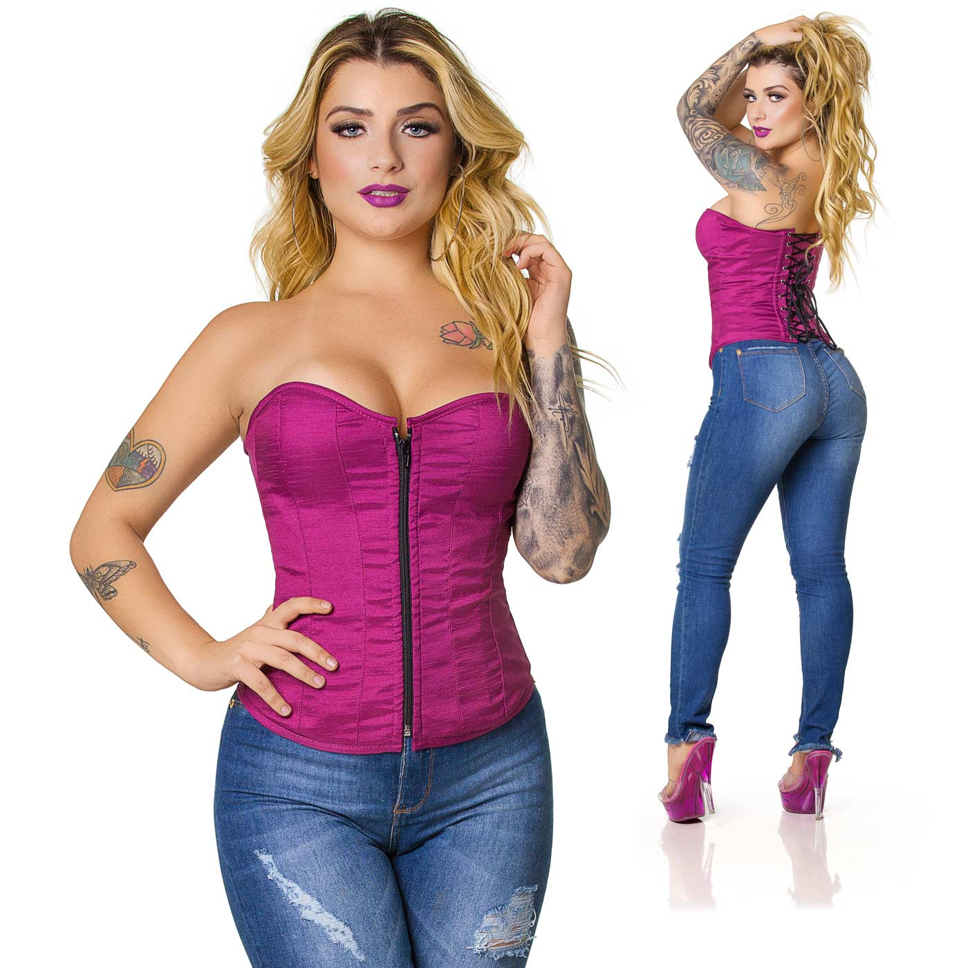 Corpete Simples Vinho | Vista combinada frontal e traseira, mostrando detalhes do z�per e amarra��o