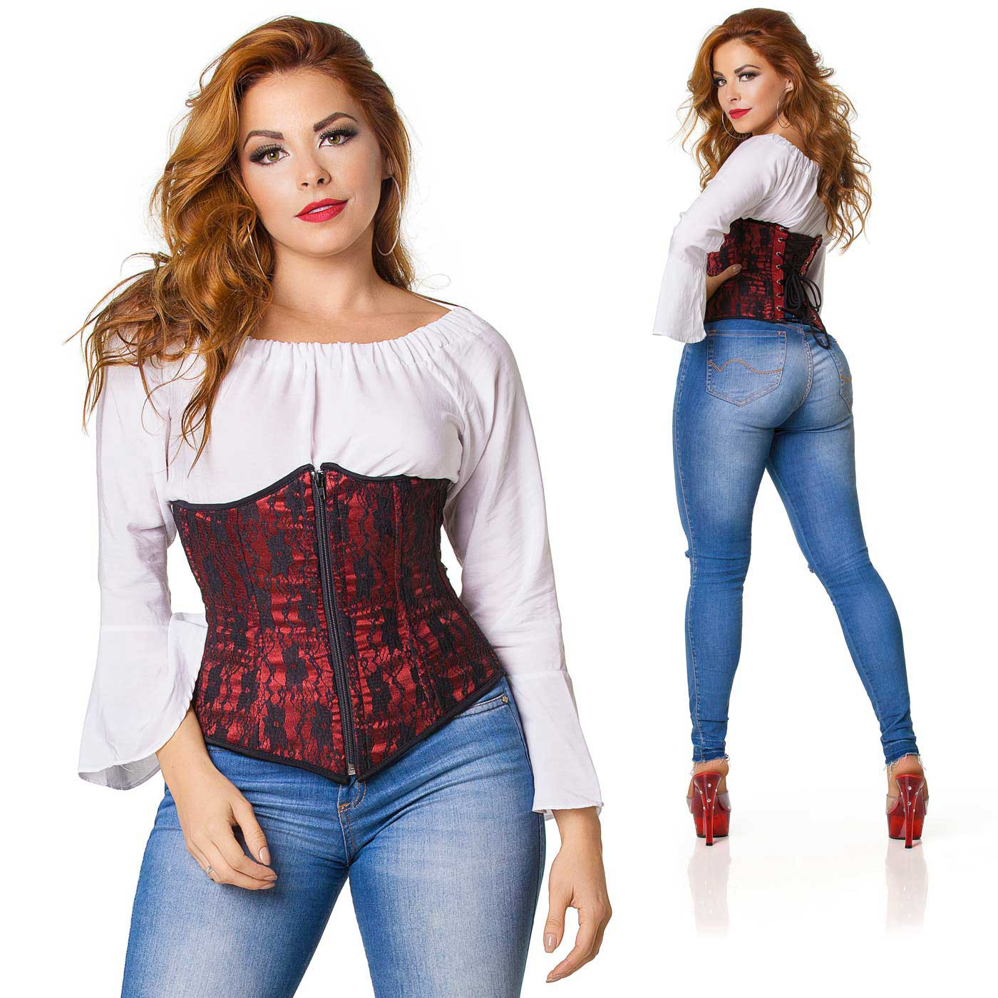 Corselet Simples Renda Preta Vermelho | Foto 03