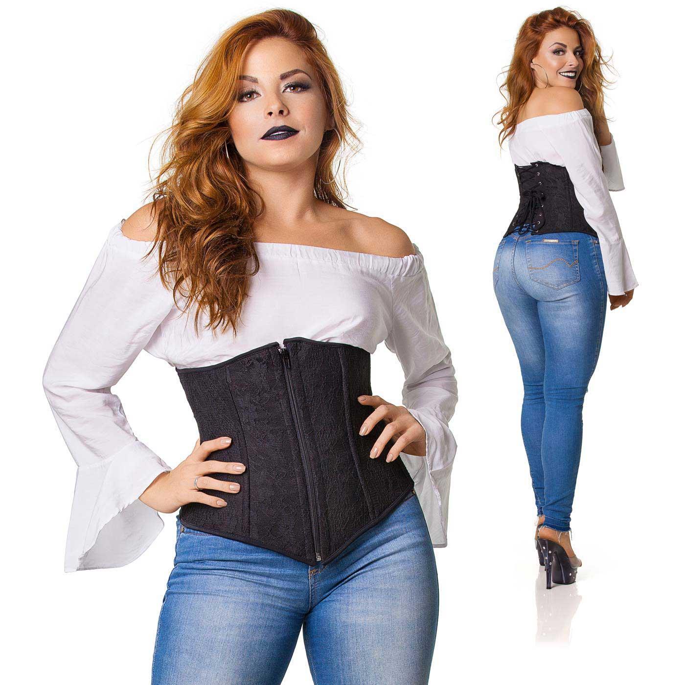 Corselet Simples Renda Preta Preto em composi��o dupla, vista frontal detalhada e lateral