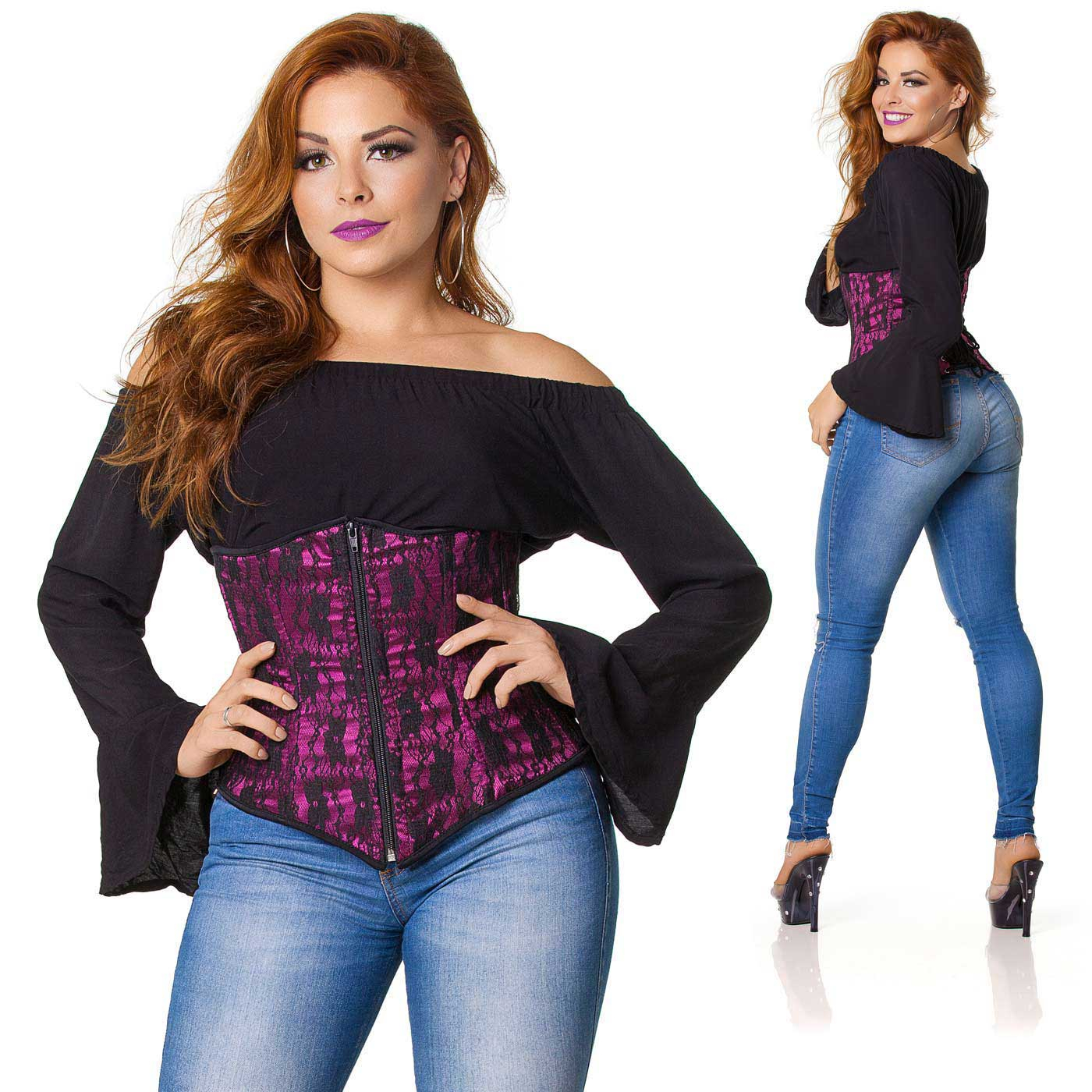 Close no corselet simples renda preta vinho com modelo de costas em destaque