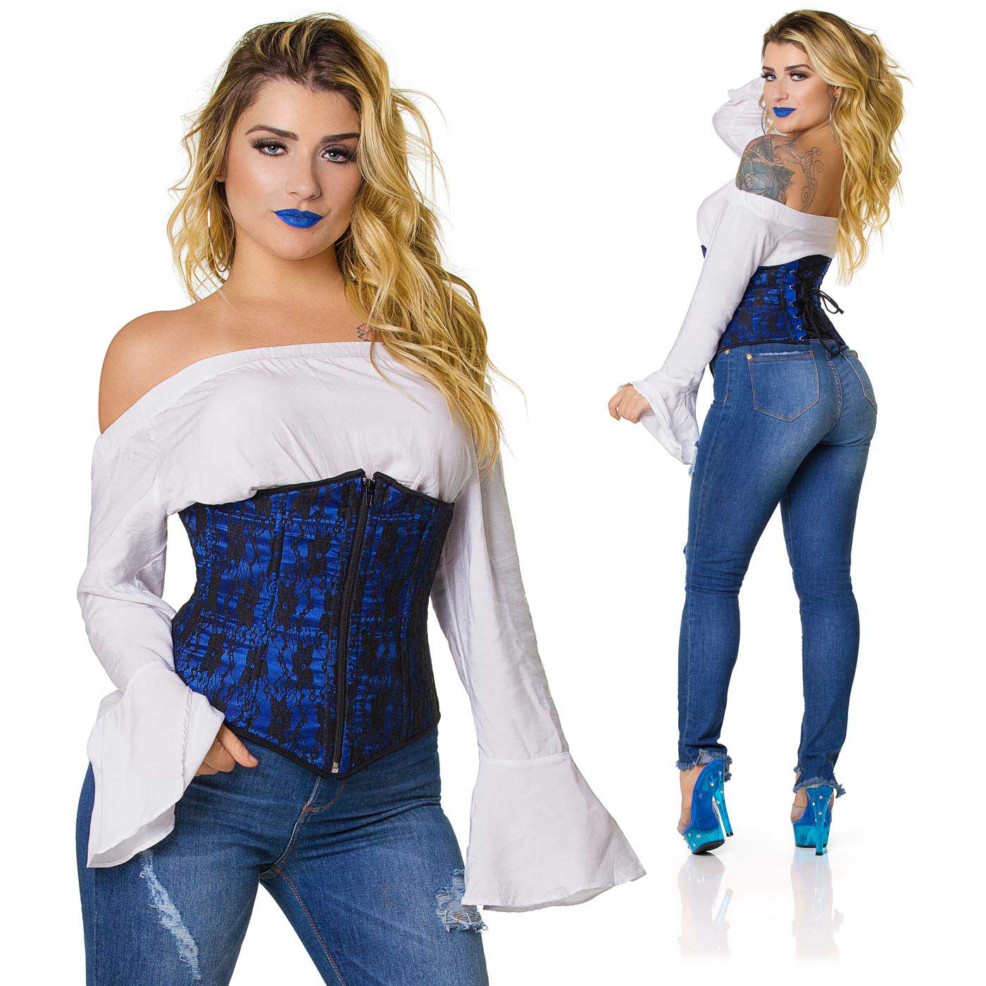 Corselet Simples Renda Preta Azul - modelo em destaque frontal e traseiro, exibindo o ziper lateral