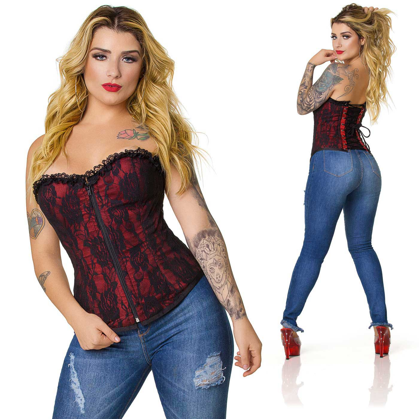 Corpete com Bojo Rendado Vermelho - Detalhe do fecho frontal e corselet