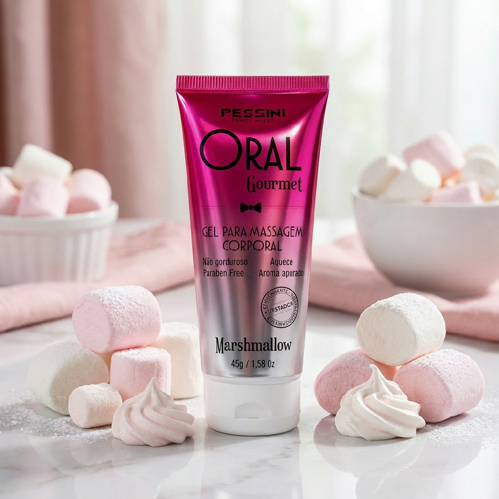 Gel para Sexo Oral Beij�vel Oral Gourmet Marshmallow 45g em destaque, rodeado por marshmallows e suspiros, evidenciando o sabor