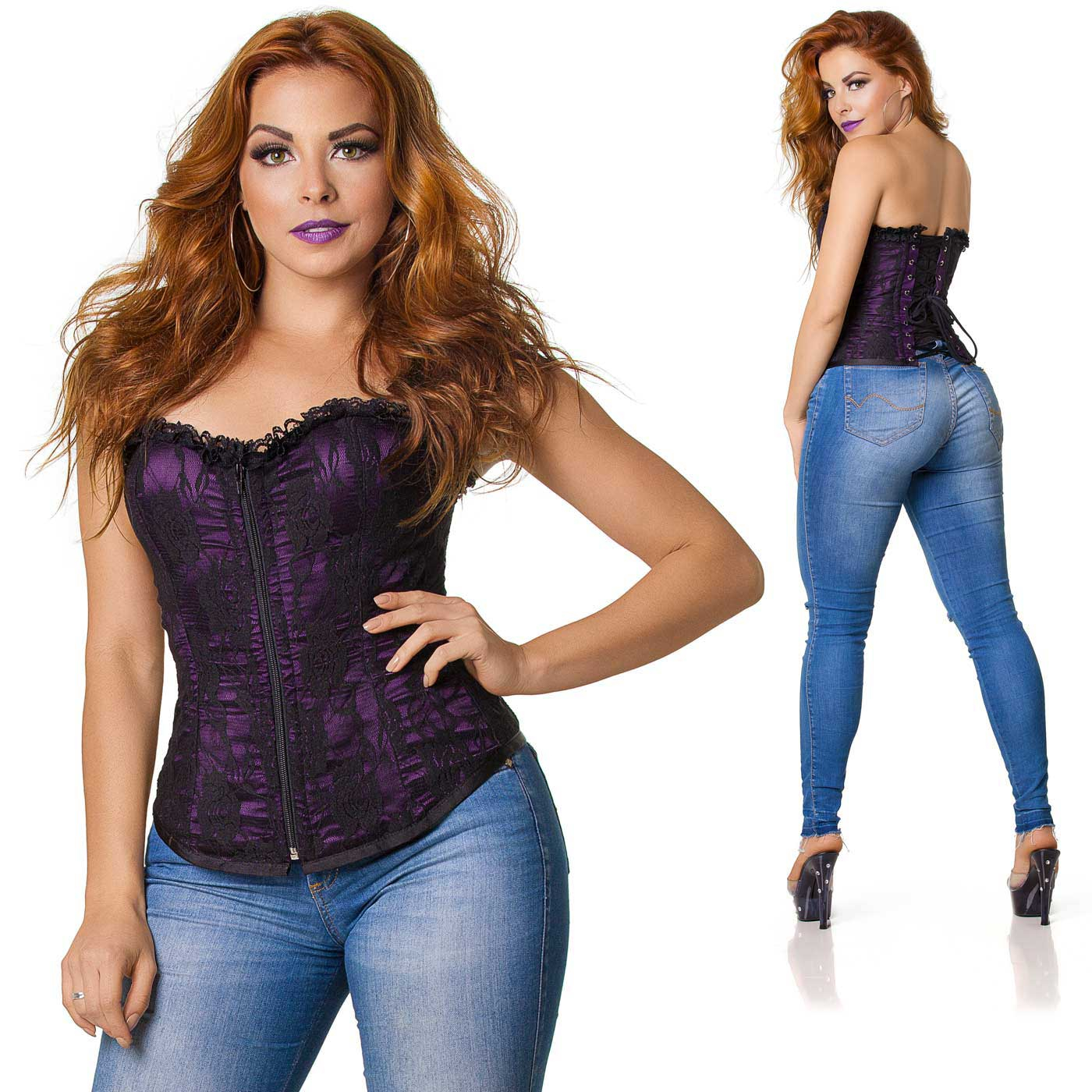 Corpete Roxo com Bojo Rendado - Vista de perto com a modelo de costas e frente