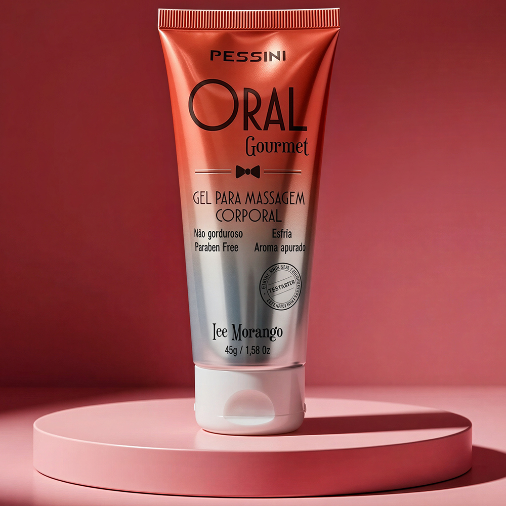 Gel para Sexo Oral que Esfria Beij�vel Oral Gourmet Aroma e Sabor Ice Morango 45g, embalagem em fundo vermelho