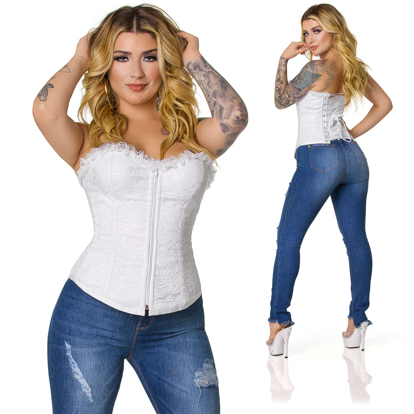 Corpete com Bojo Rendado Branco lateral, visualizando o cadar�o e o z�per frontal