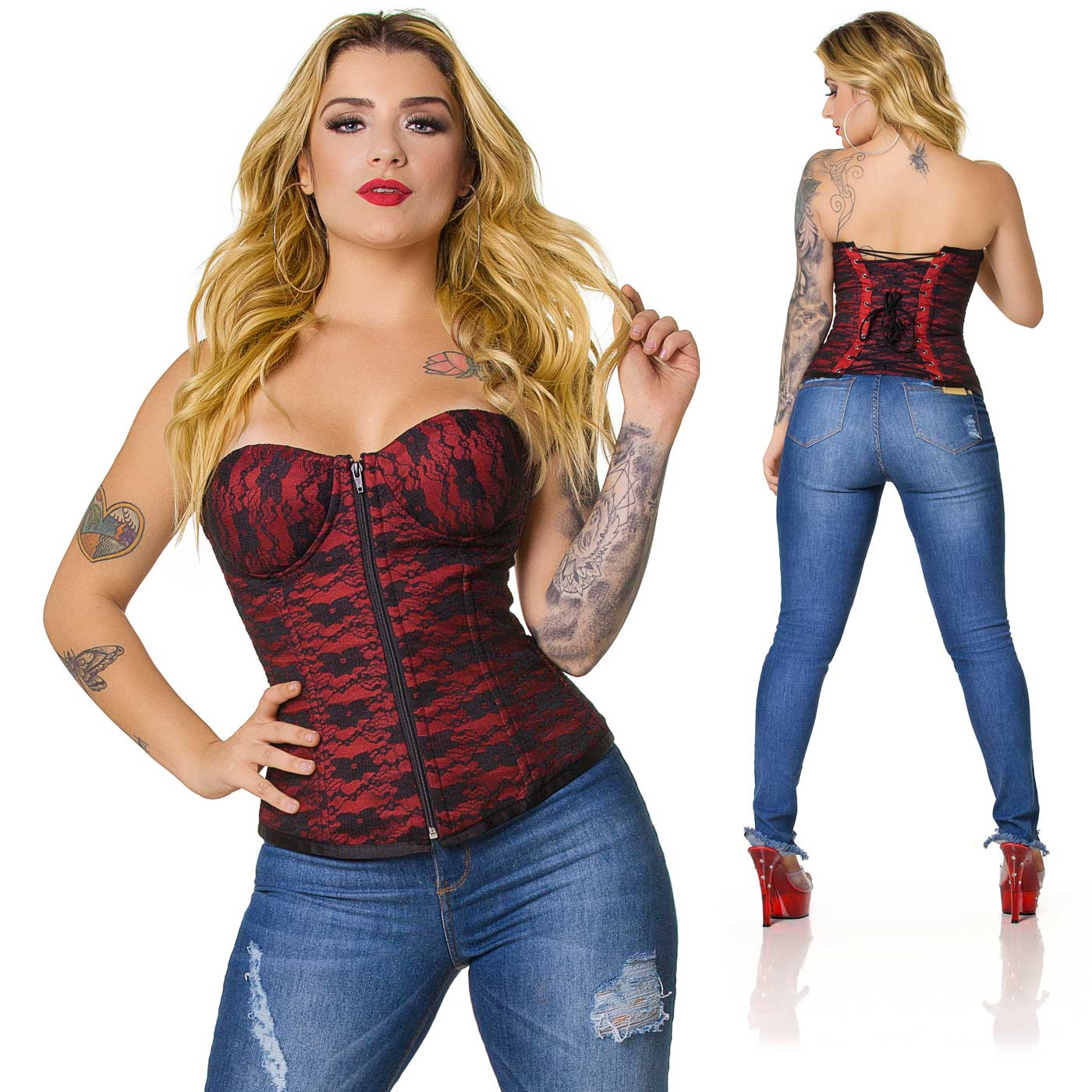 Detalhe do Corpete Simples com Renda Vermelho, mostrando o z�per frontal.