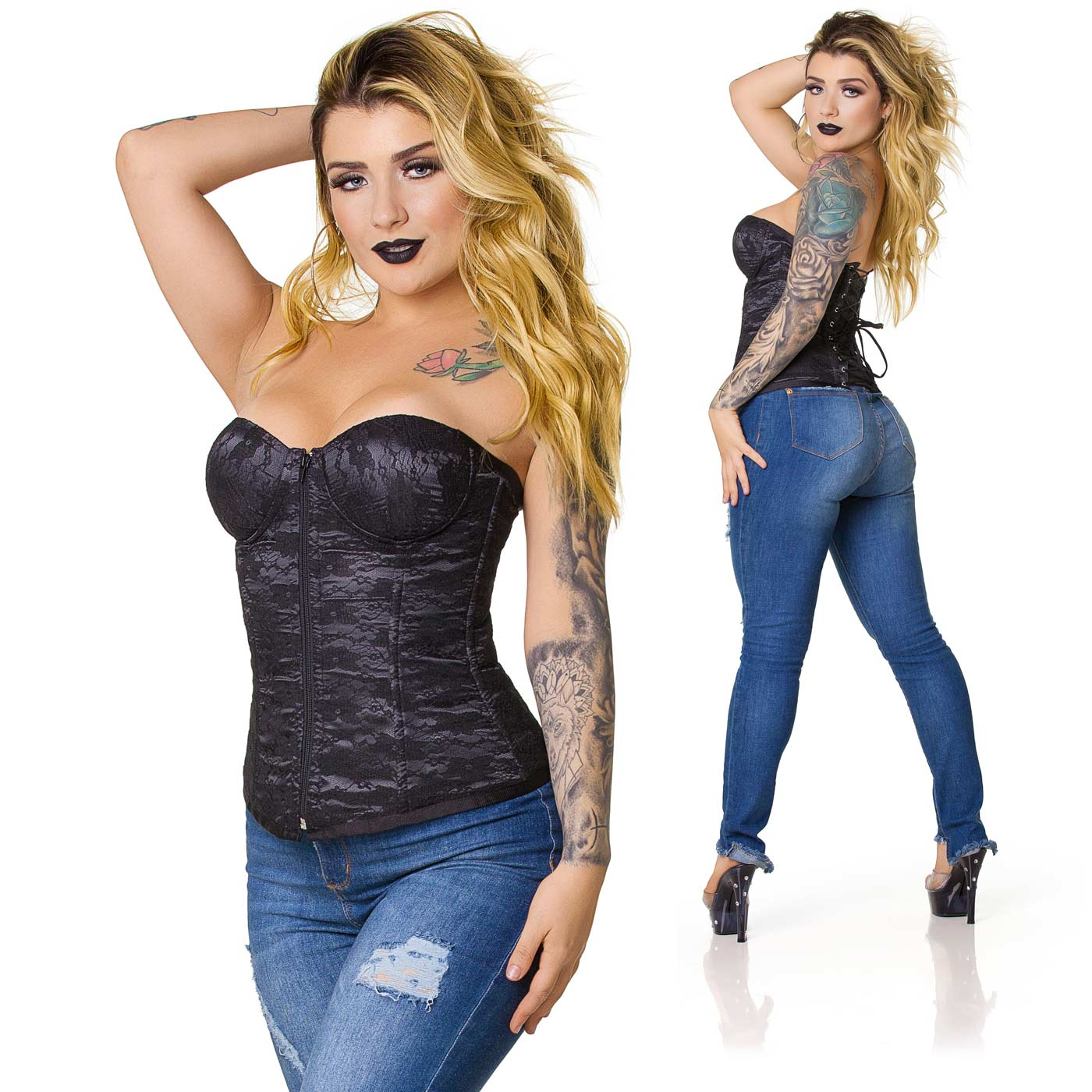 Corpete Simples com Renda Preto em vista frontal e traseira, em fundo branco