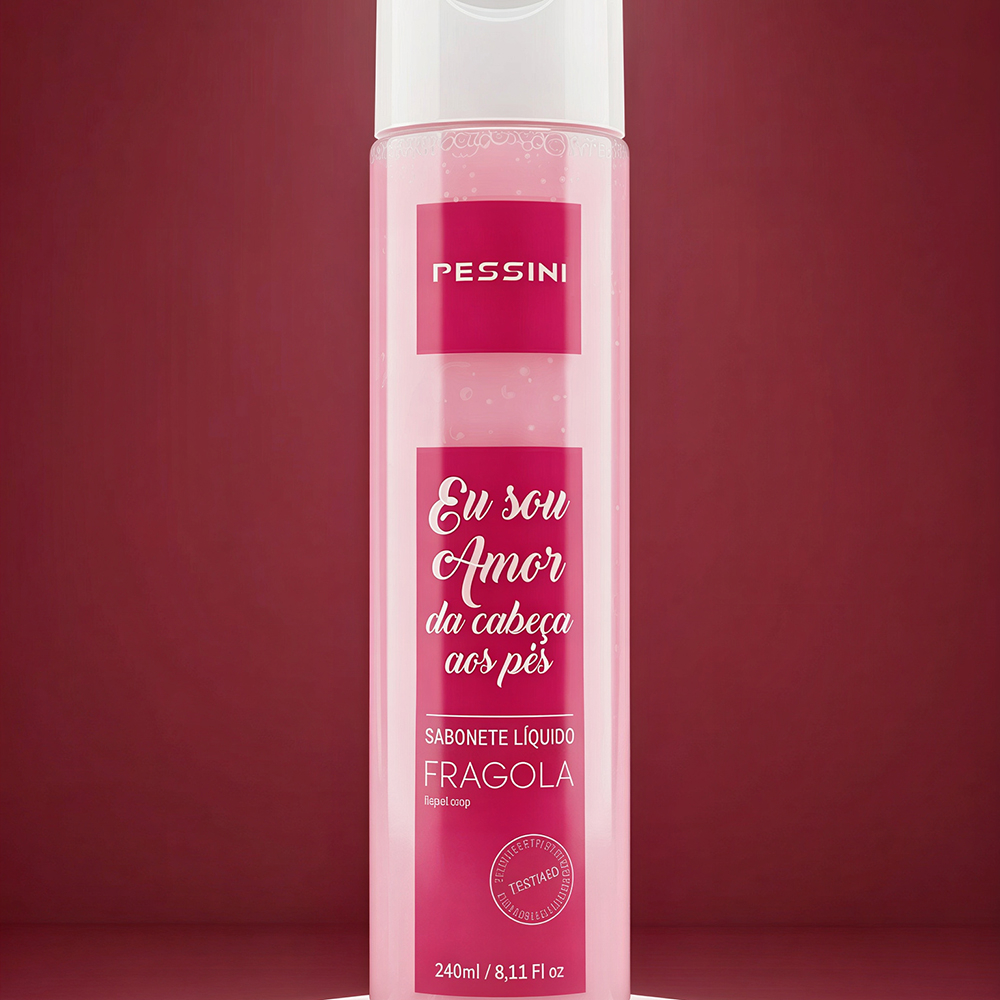 Sabonete L�quido Eu Sou Amor da Cabe�a aos P�s com aroma de morango, em embalagem rosa e fundo vermelho