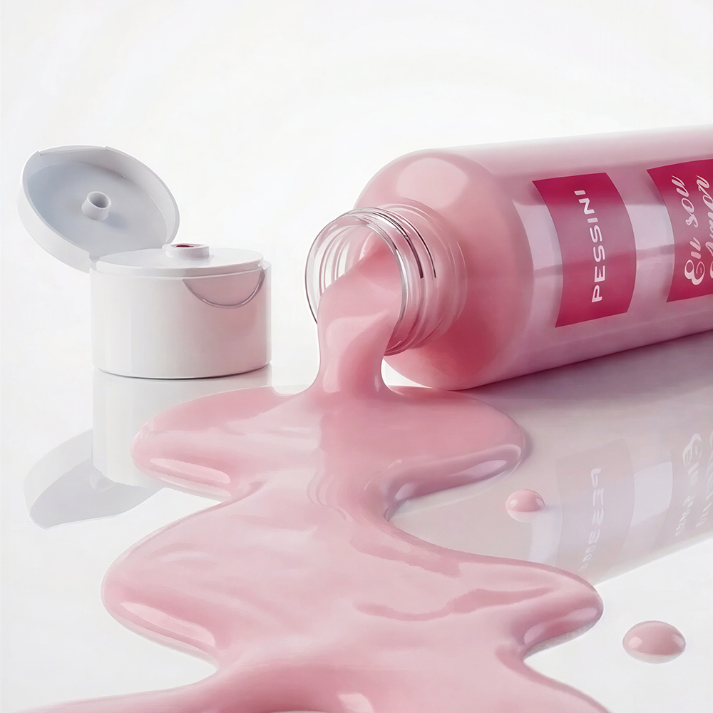 Sabonete L�quido Eu Sou Amor da Cabe�a aos P�s sendo derramado da embalagem, mostrando a consist�ncia e a cor rosa do produto