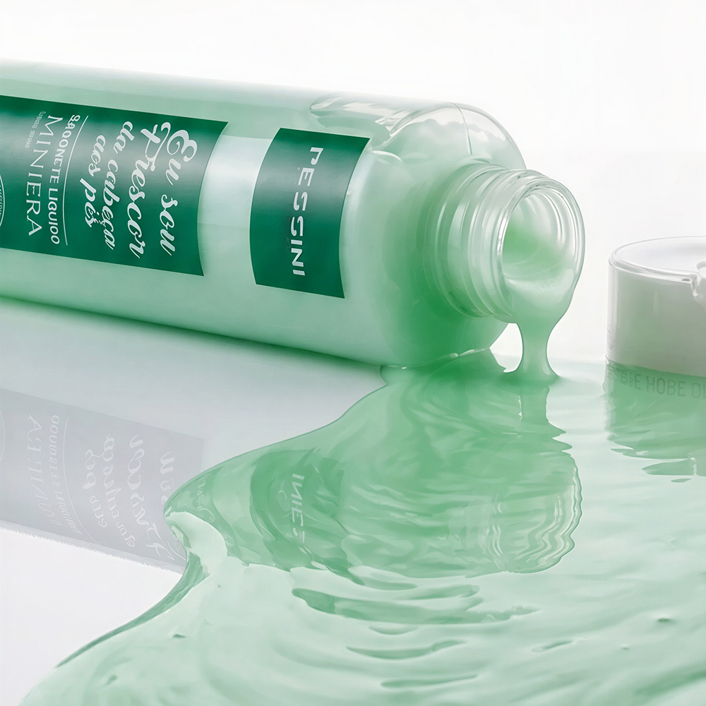 Sabonete Corporal L�quido Eu Sou Frescor Menta 240ml derramado, mostrando a textura e cor do produto