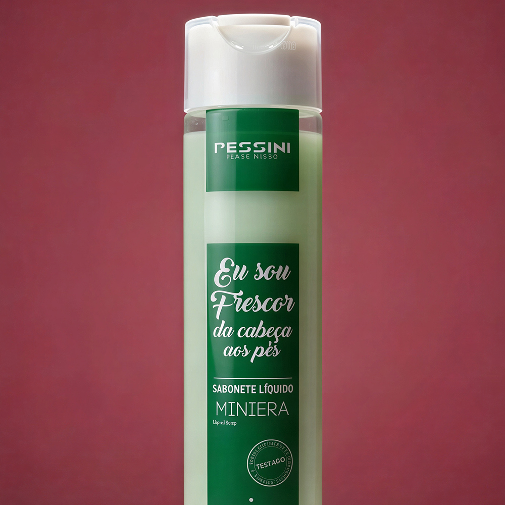 Sabonete Corporal L�quido Eu Sou Frescor Menta 240ml em close-up, destacando o r�tulo e o bico do frasco