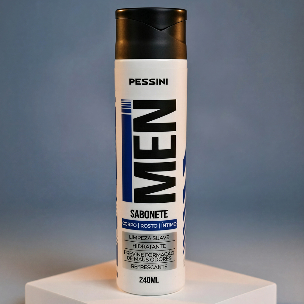 Sabonete Corporal L�quido Masculino Men 240ml, vista frontal do frasco com r�tulo azul e preto, destacando o nome Pessini e as fun��es Limpa, Hidrata e Refresca.