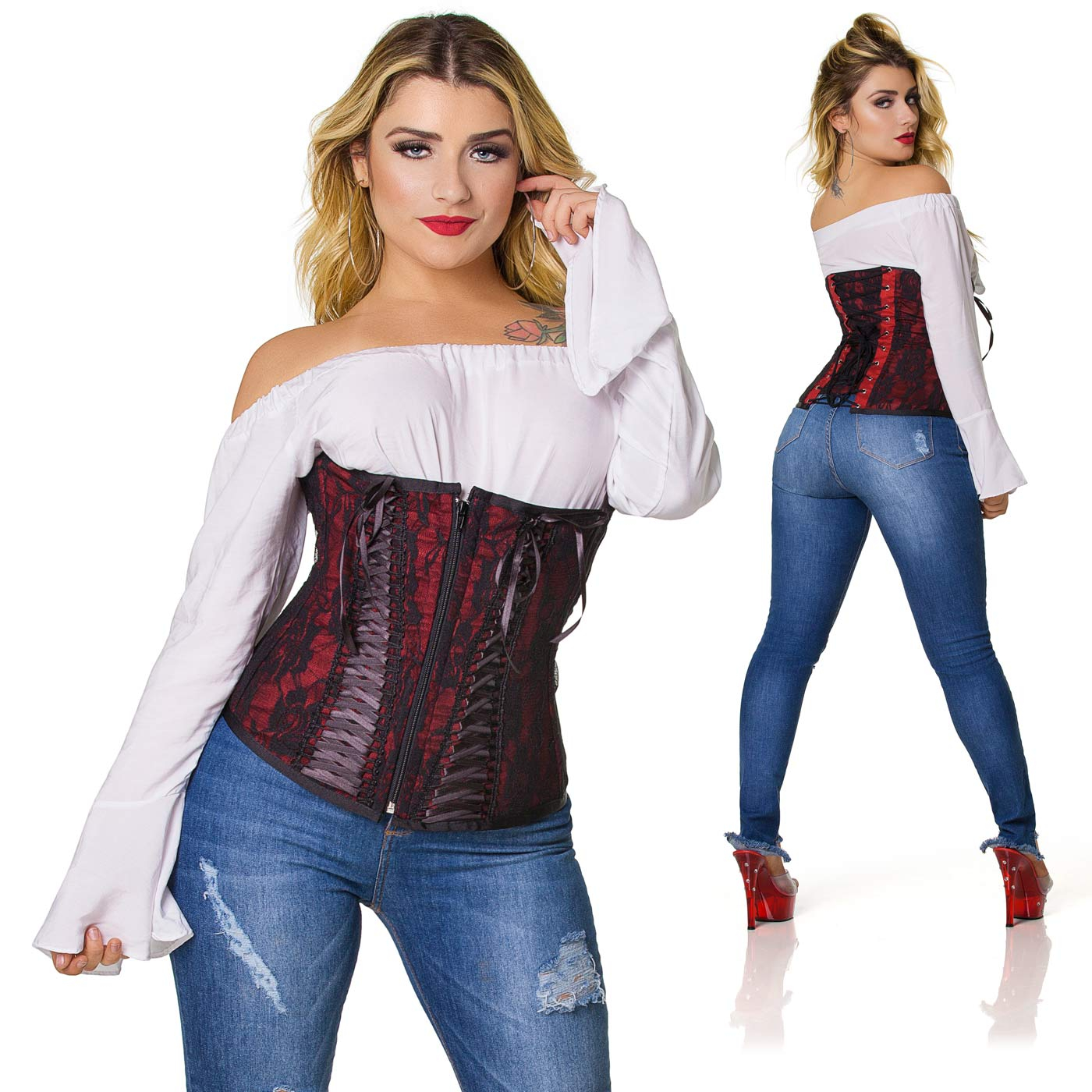 Corselet com Fita Preta Tran�ada Vermelho, detalhes frontais com renda e fitas, e vista traseira