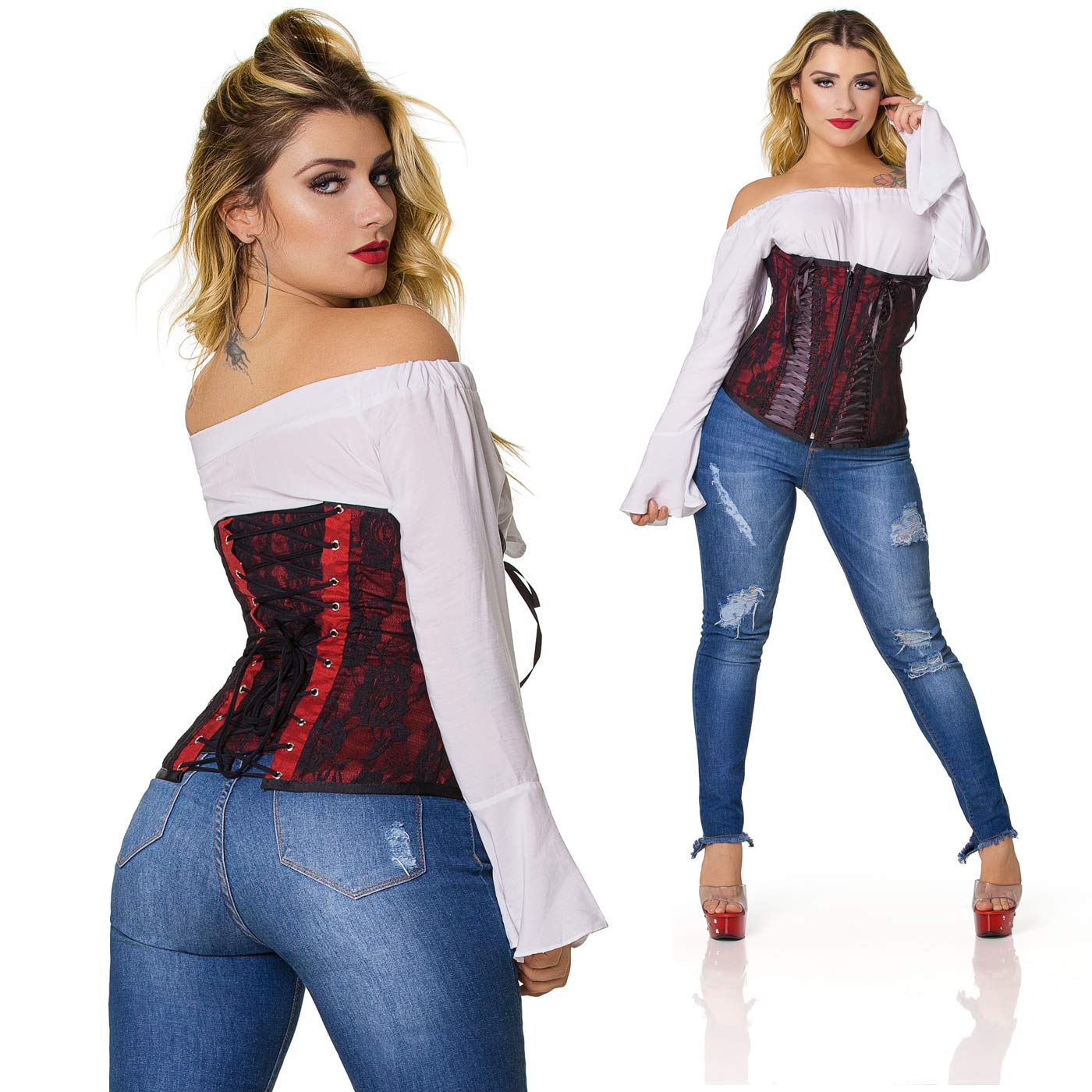 Corselet com Fita Preta Tran�ada Vermelho em a��o, destacando o caimento no corpo