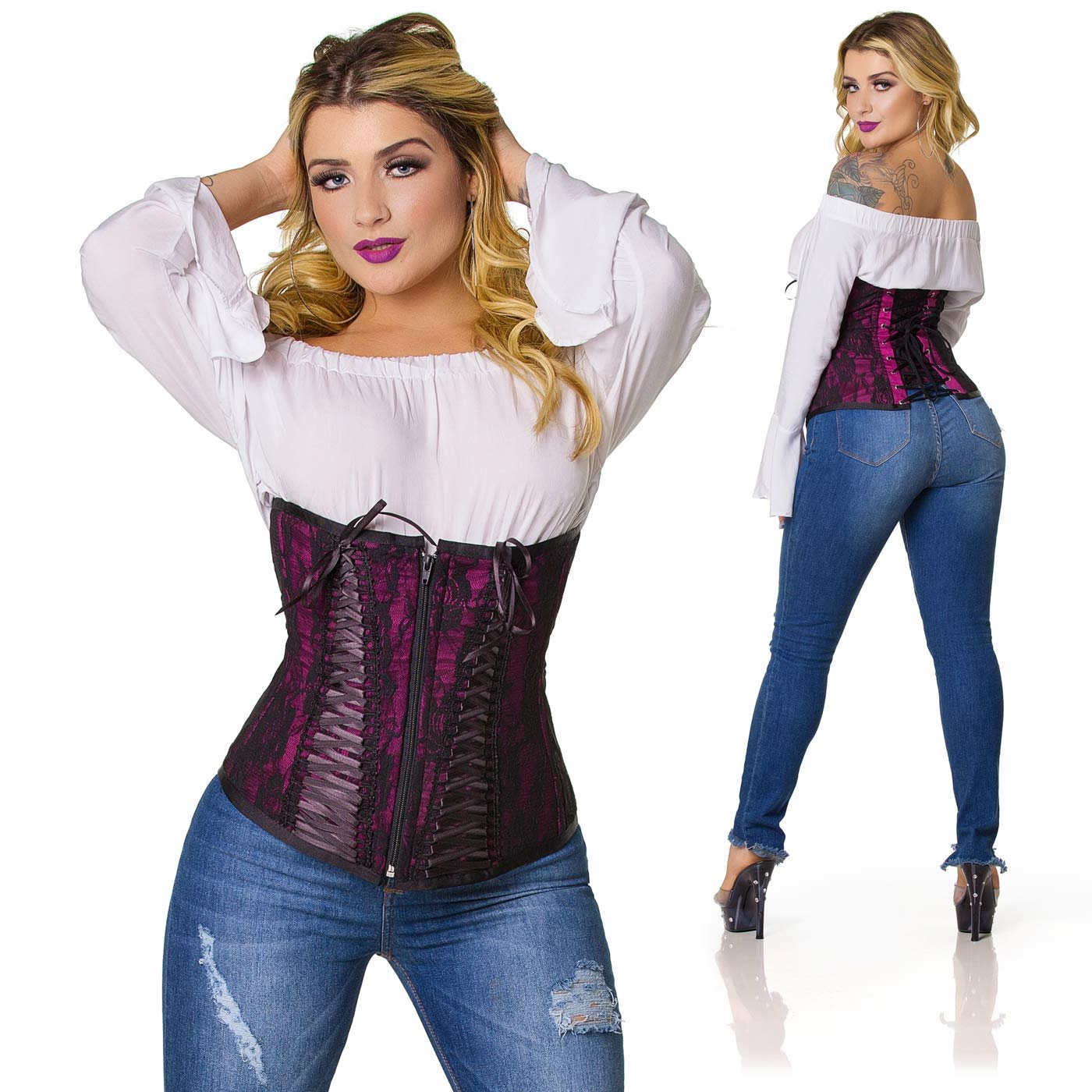 Corselet com Fita Preta Tran�ada Vinho | Detalhe frontal do z�per e das fitas tran�adas