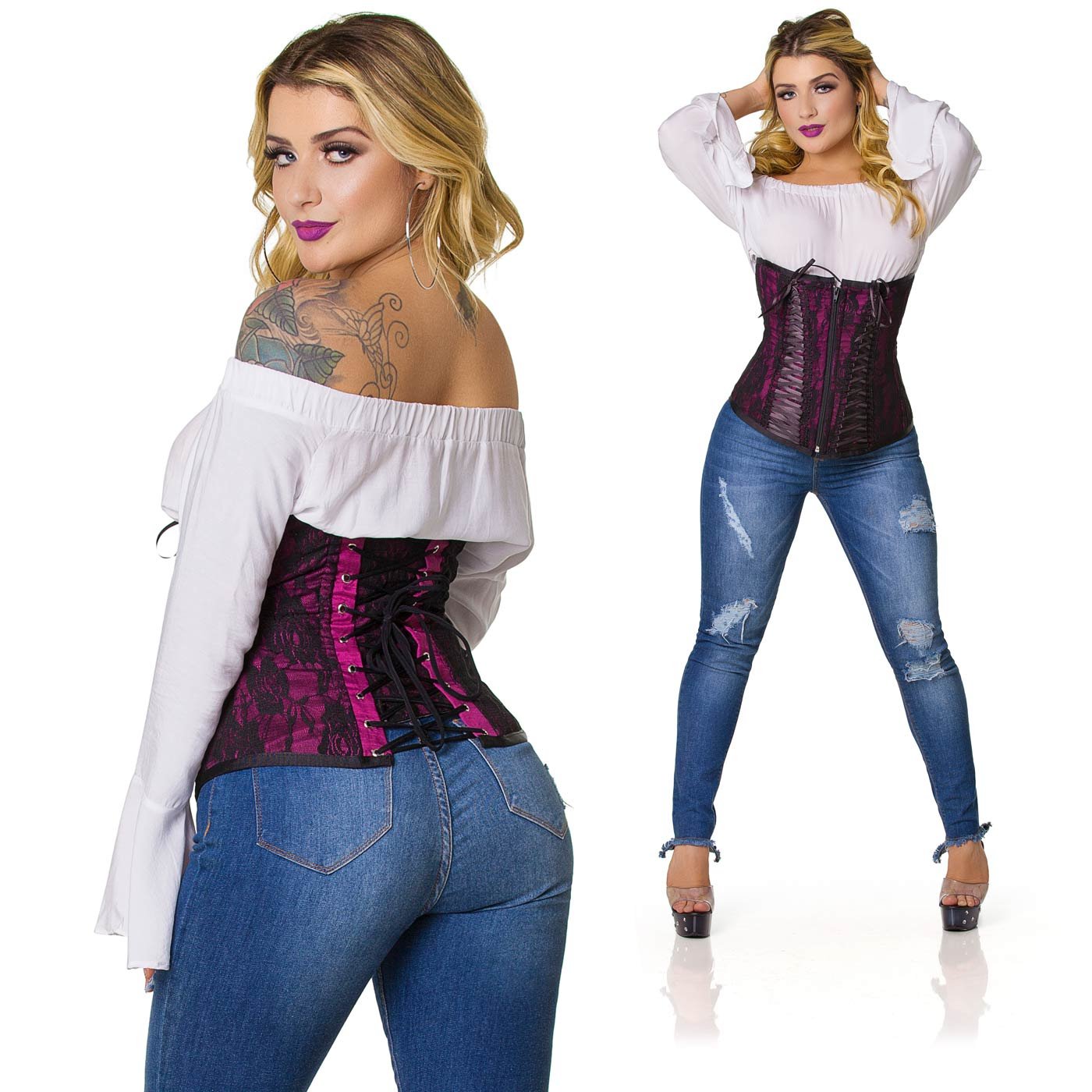 Corselet com Fita Preta Tran�ada Vinho | Foto 04