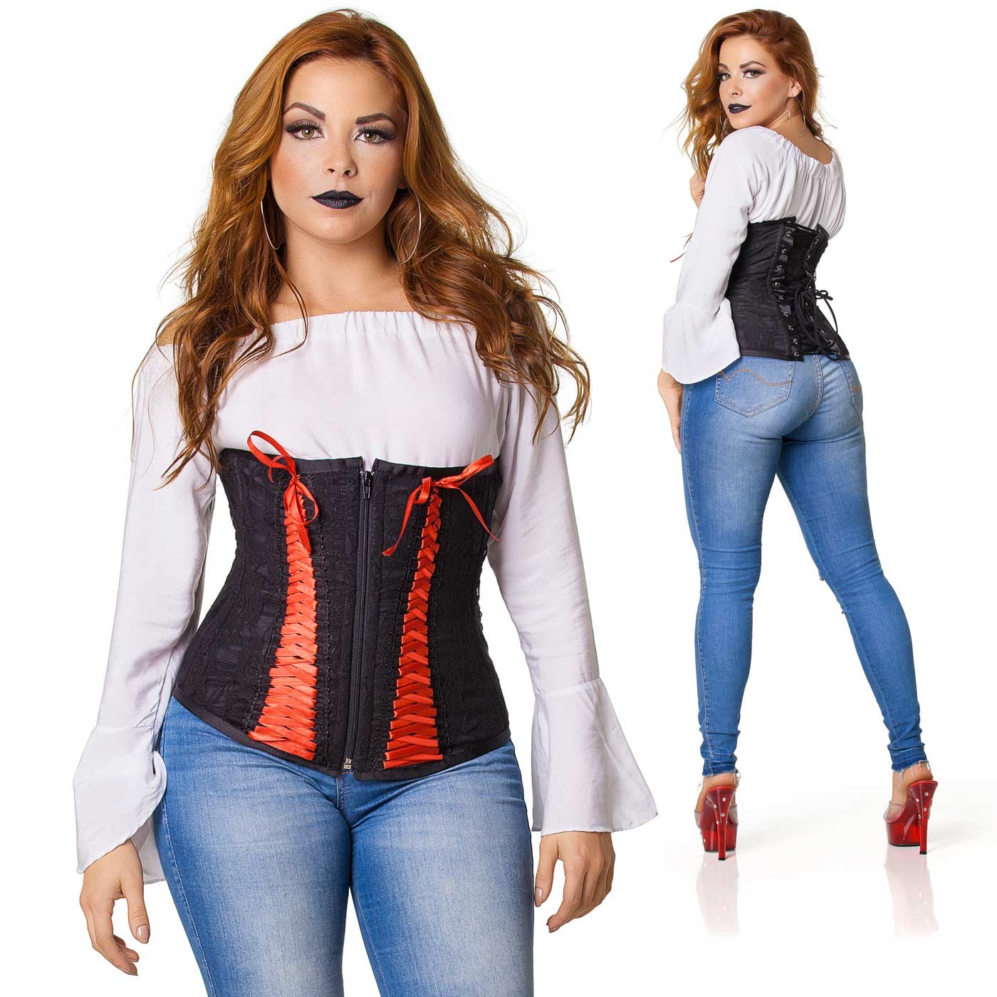 Corselet com Fita Vermelha Tran�ada Preto | Detalhe Frontal