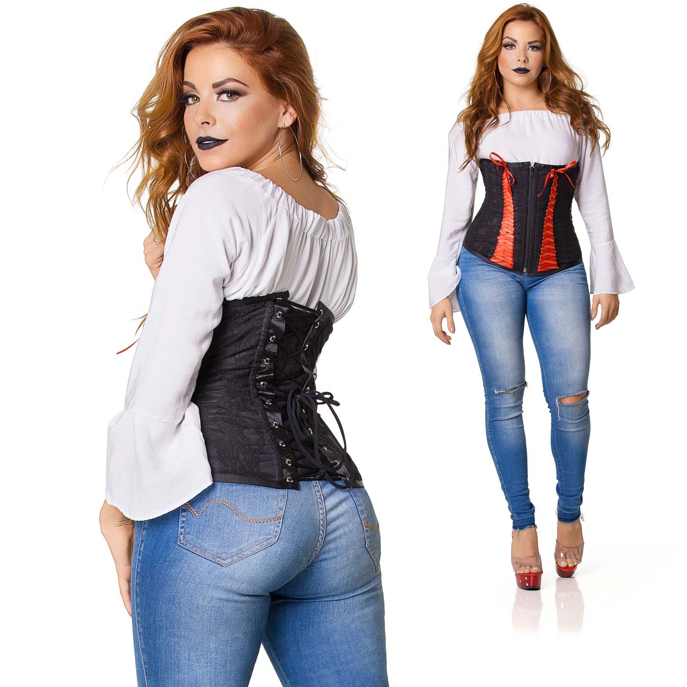 Corselet com Fita Vermelha Tran�ada Preto | Foto 04