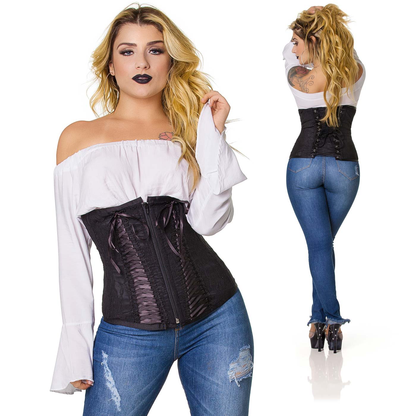 Corselet com Fita Preta Tran�ada Preto | Foto 03