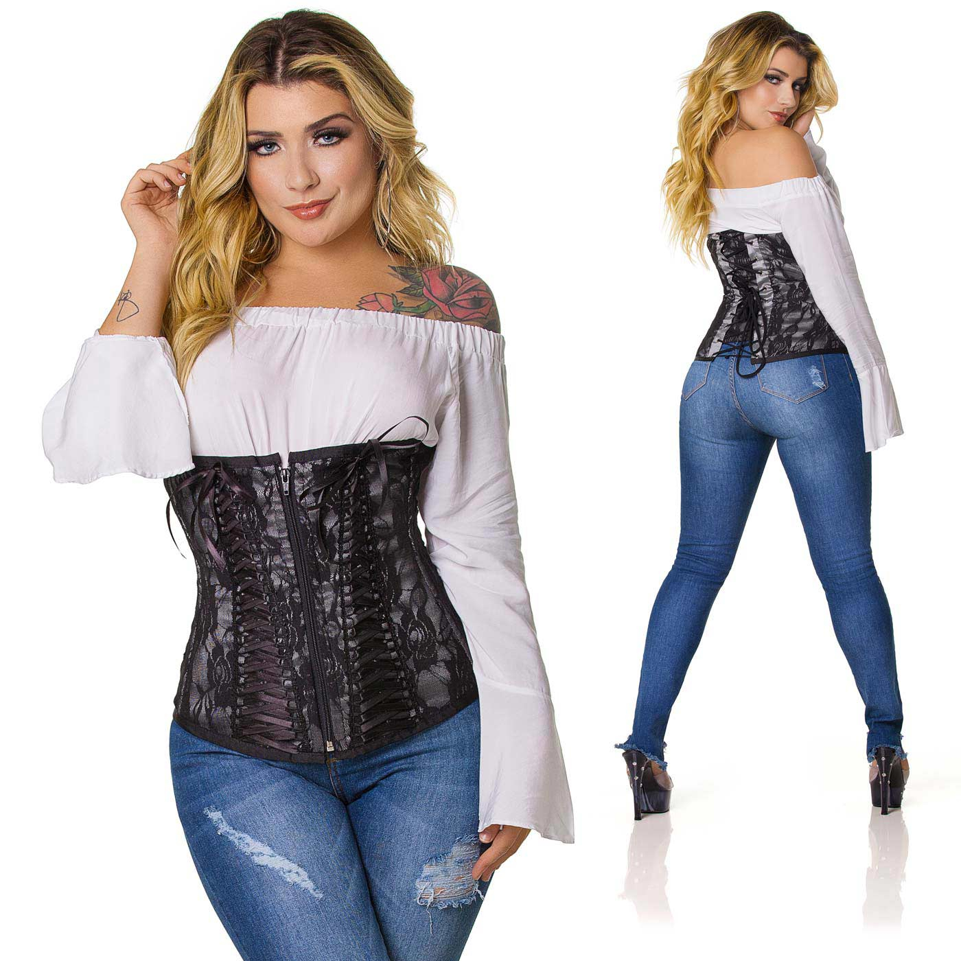 Corselet com Fita Preta Tran�ada Prata em detalhes frontais e traseiros