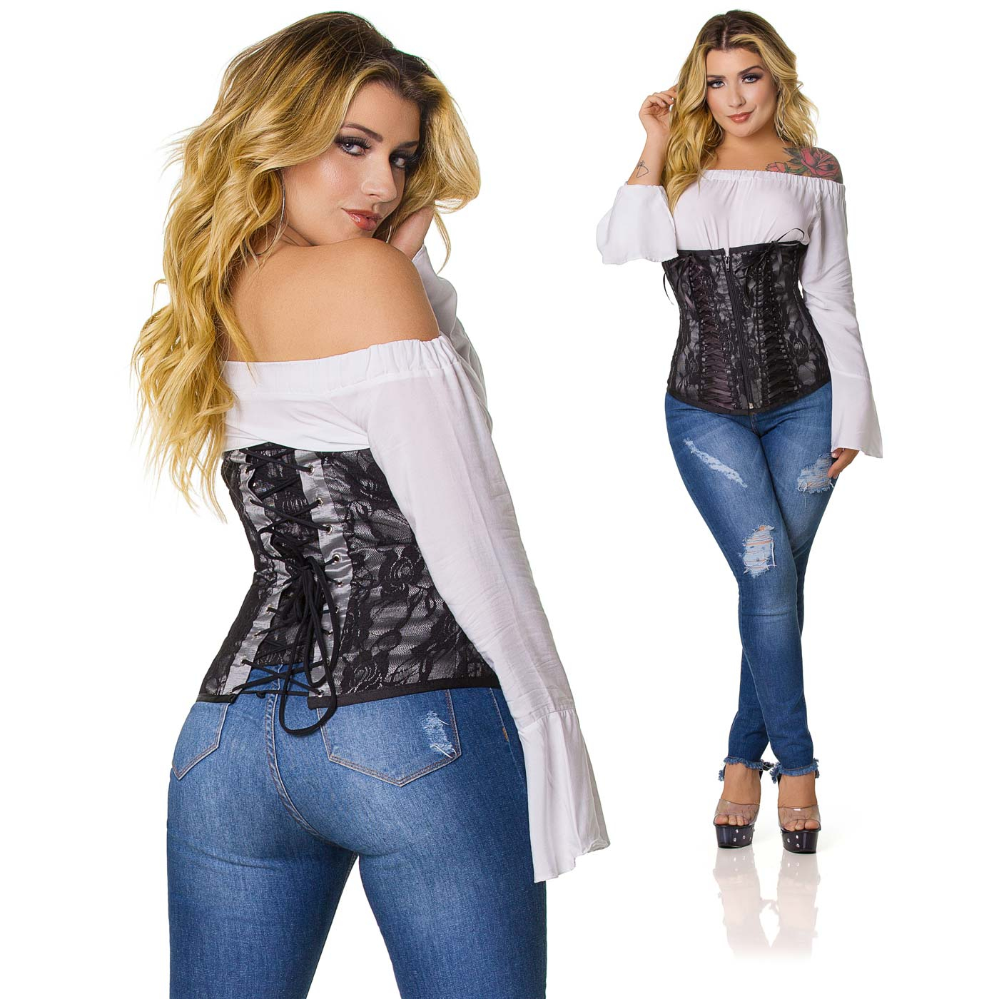 Corselet com Fita Preta Tran�ada Prata | Foto 04