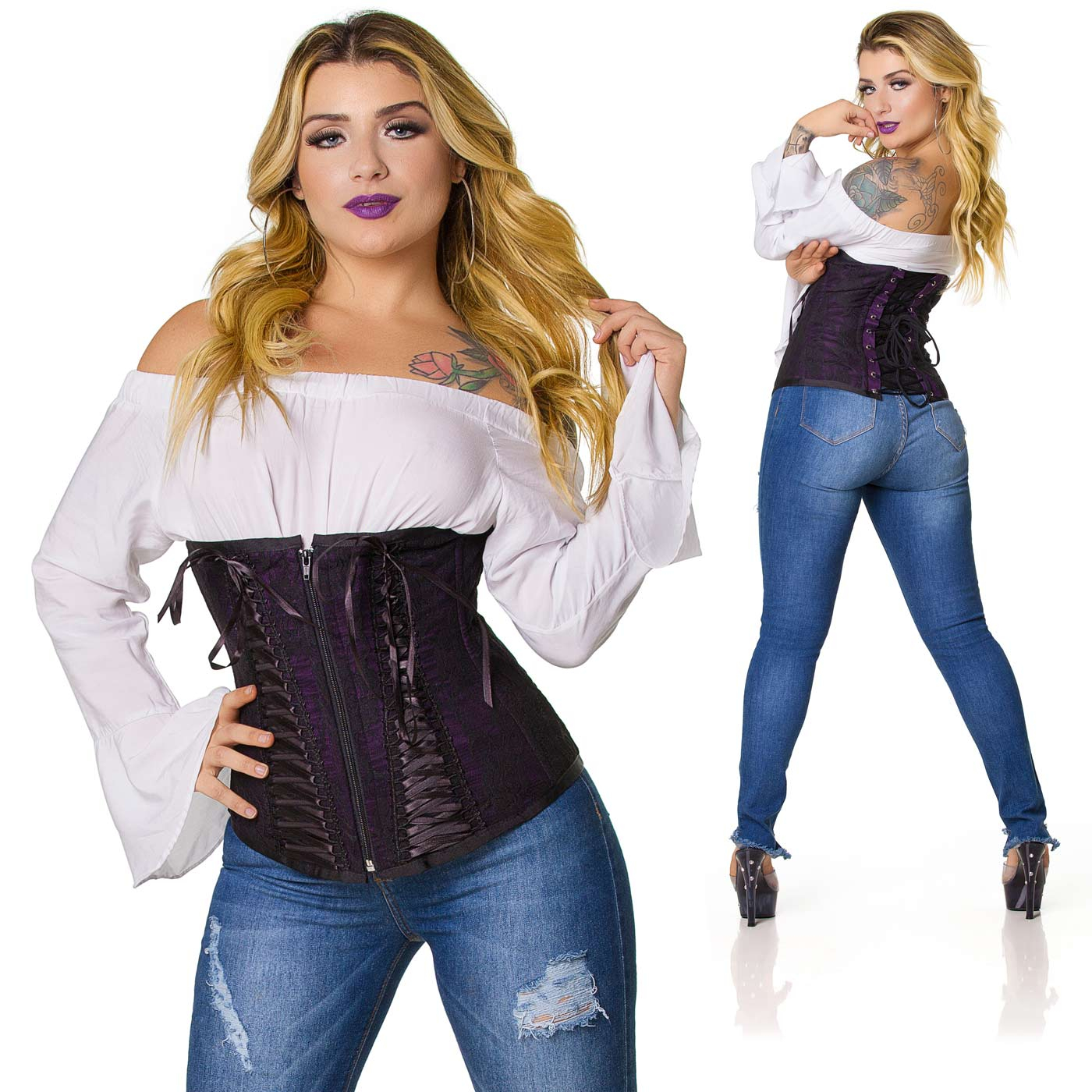 Corselet com Fita Preta Tran�ada Roxo | Detalhe frontal do z�per e fitas