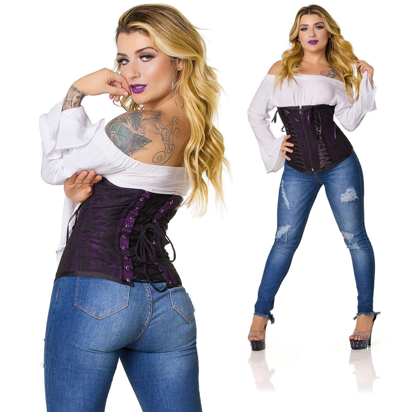 Corselet com Fita Preta Tran�ada Roxo | Foto 04