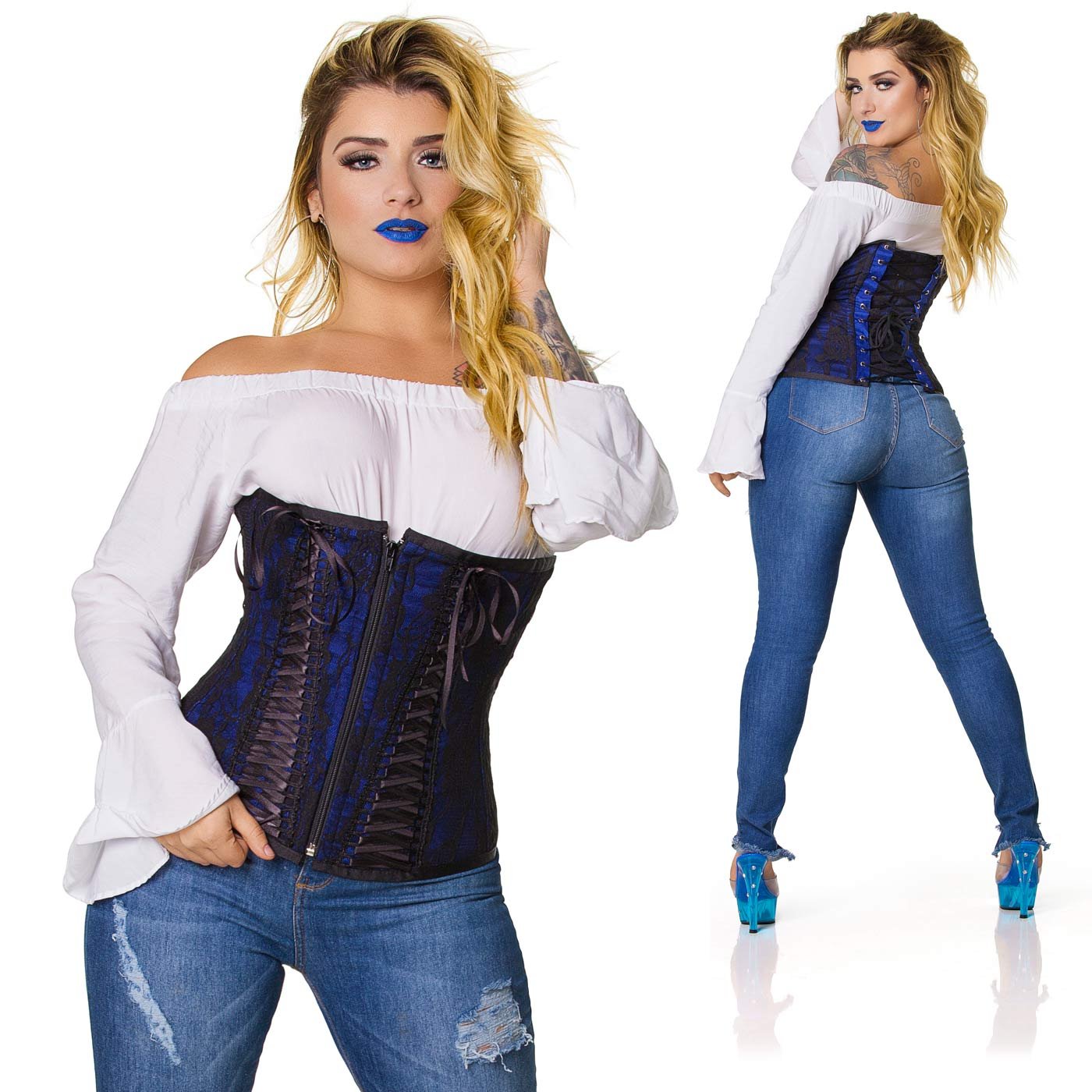 Corselet com Fita Preta Tran�ada Azul - Modelo com blusa branca e cal�a jeans, exibindo o detalhe frontal.
