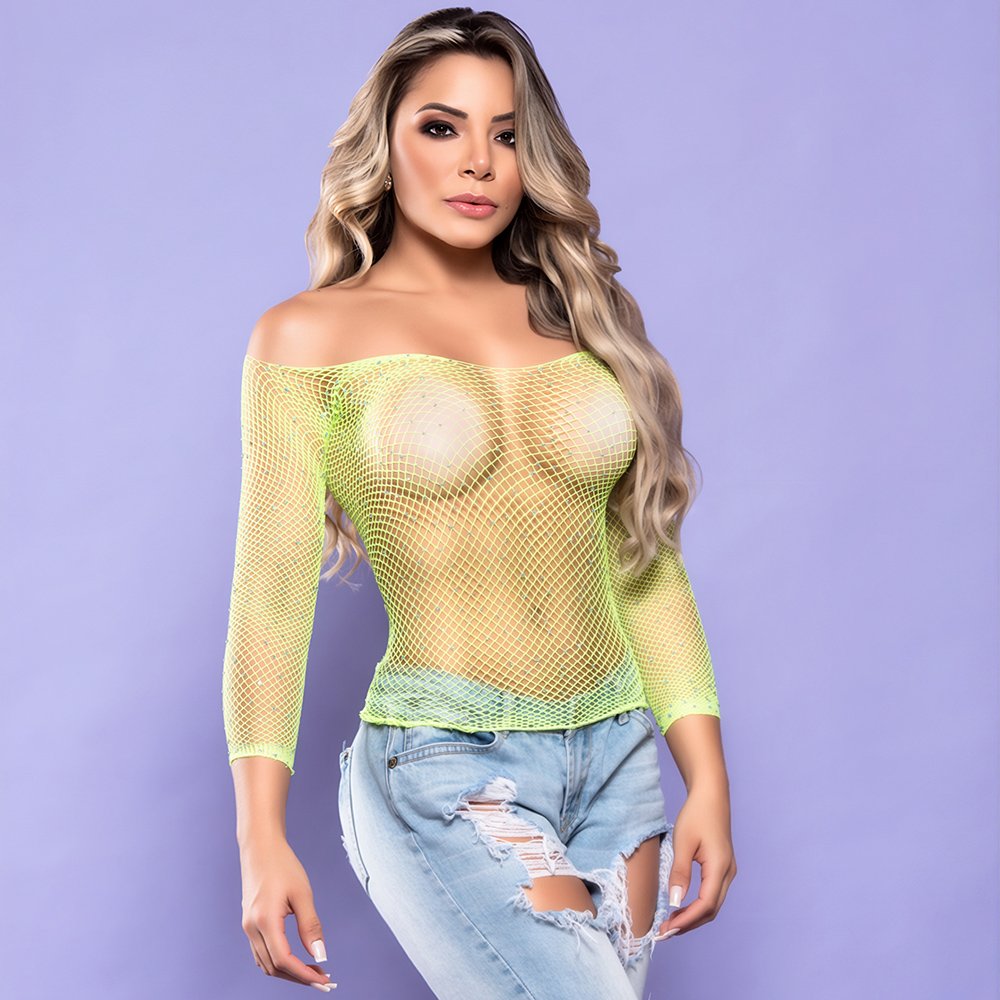 Cropped Sensual Sexy em Spandex com Strass Manga 7/8 Estilo Bodystocking Verde Neon | Foto 04