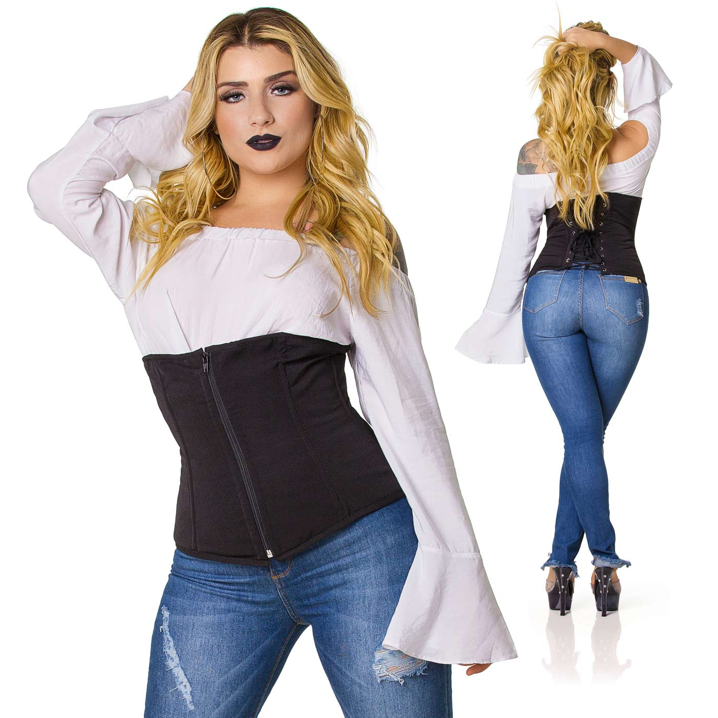Corselet Simples Preto, vista dupla frontal e traseira