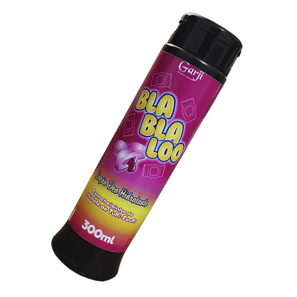 Lo��o Deo Hidratante BlaBlaLoo com Cheirinho de Chiclete de Tutti-Frutti 300ml | Foto 02 - Lo��o Deo Hidratante BlaBlaLoo com cheirinho de chiclete de Tutti-Frutti em �ngulo diagonal, mostrando o design do frasco rosa e a tampa preta