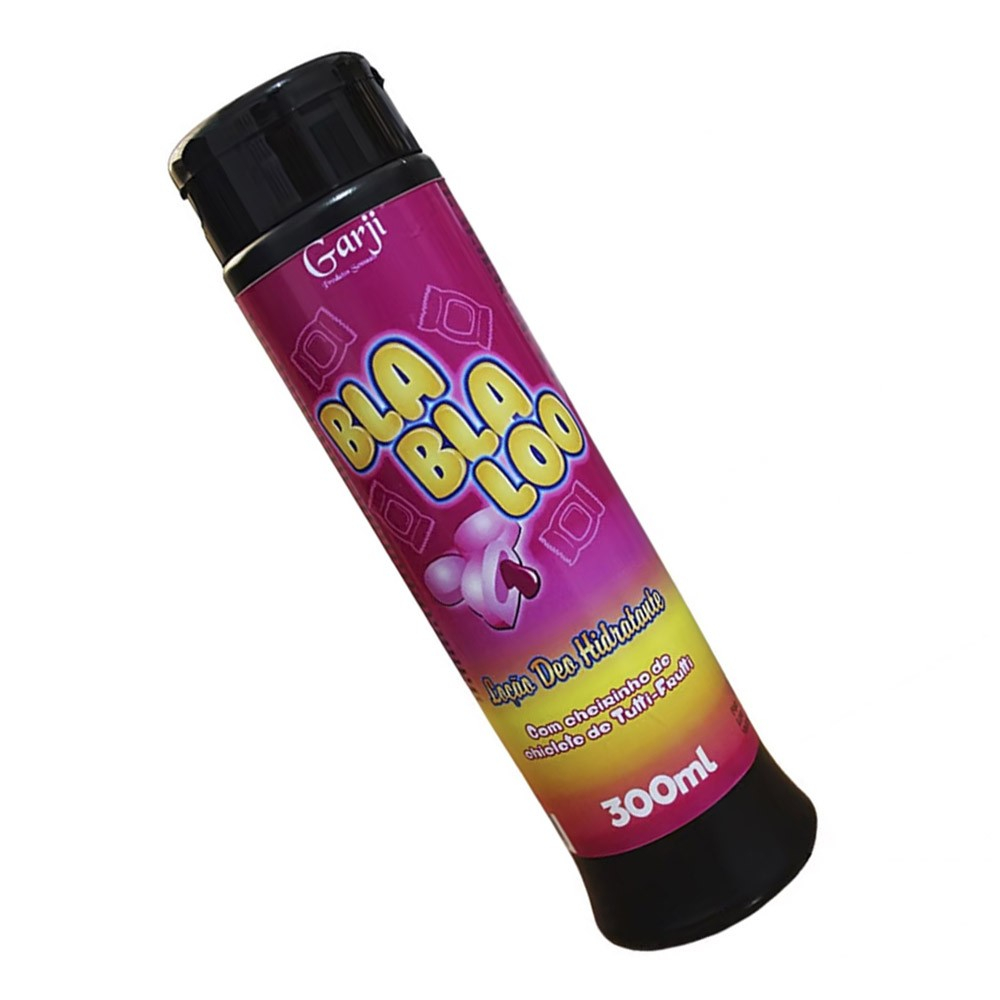 Lo��o Deo Hidratante BlaBlaLoo com Cheirinho de Chiclete de Tutti-Frutti 300ml | Foto 03 - Lo��o Deo Hidratante BlaBlaLoo em close-up, destacando o r�tulo colorido com a marca Garji e os dizeres 'Lo��o Deo Hidratante com cheirinho de chiclete de Tutti-Frutti'