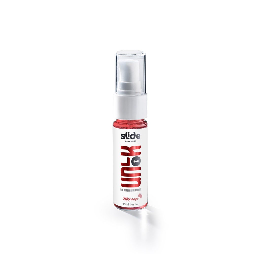 Gel para Sexo Anal Dessensibilizante e Ultra Deslizante UnLOK Morango 15ml - vista frontal do frasco com r�tulo Slide Cosmetics UnLOK Morango 15ml