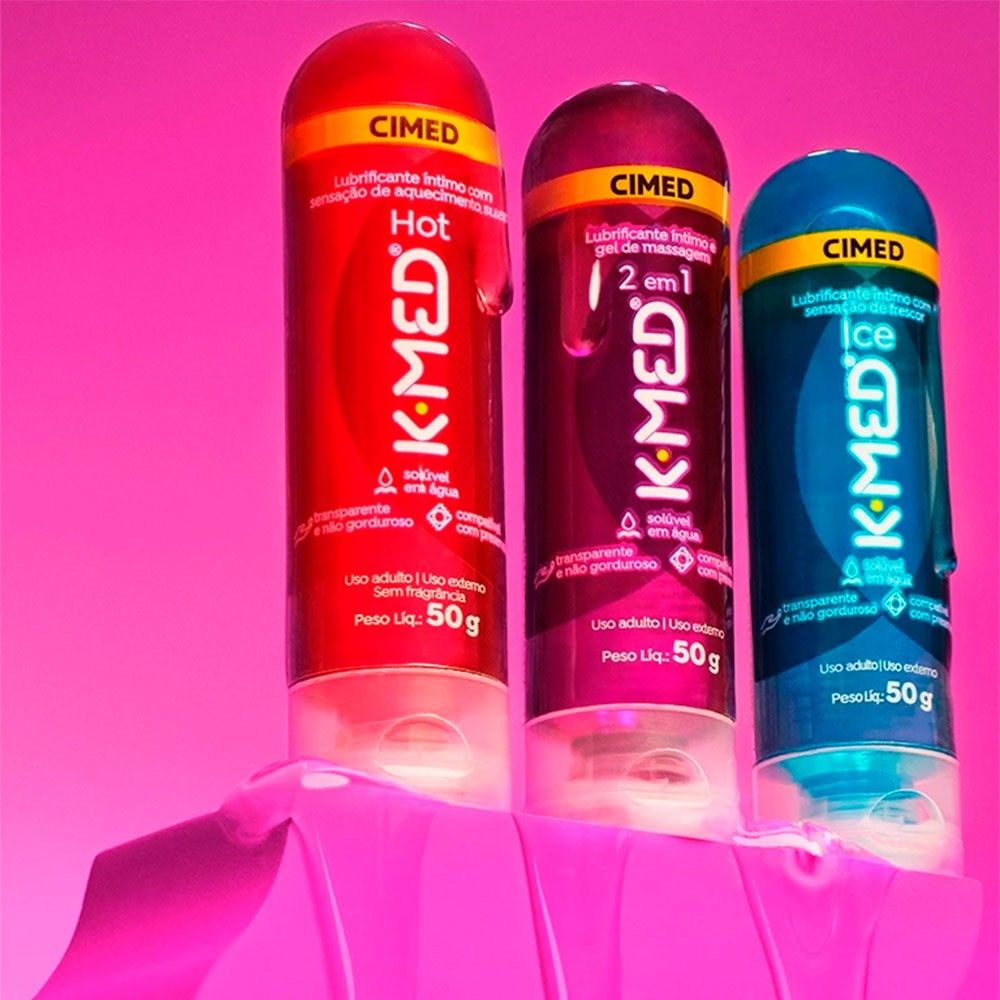 Lubrificantes K-Med Ice, Hot e 2 em 1 em fundo rosa vibrante